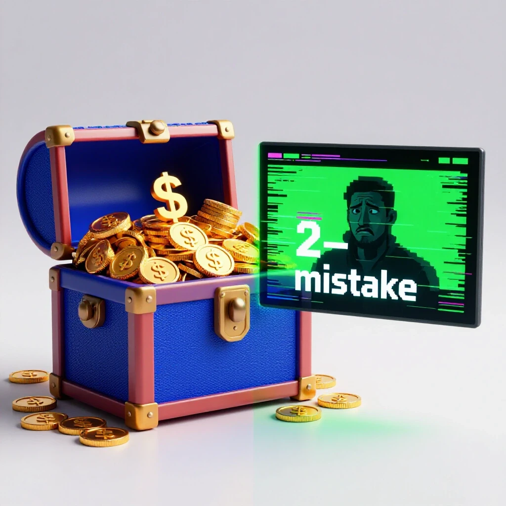 A split-screen image showing a treasure chest filled with gold coins on one side and a glitchy video frame on the other, symbolizing monetization pitfalls.