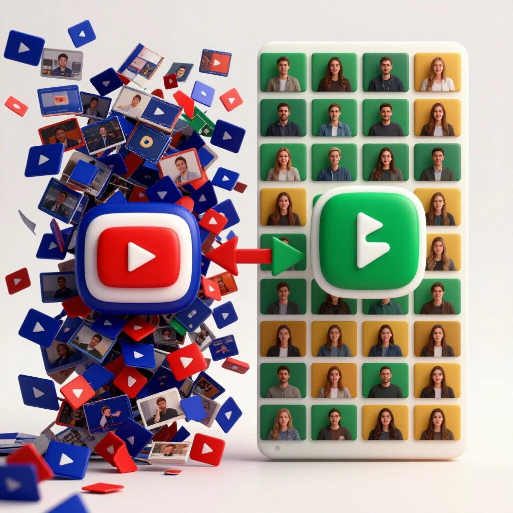 A visual representation of moving videos between YouTube channels, showing chaotic and organized channel icons with thumbnails.
