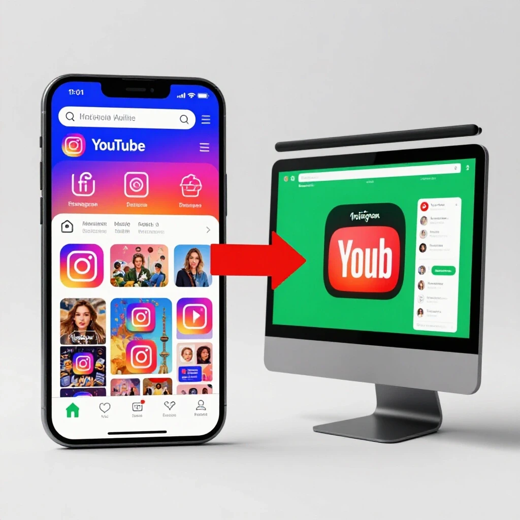 A split image of a smartphone showing Instagram and a computer displaying YouTube, with an arrow connecting the two.