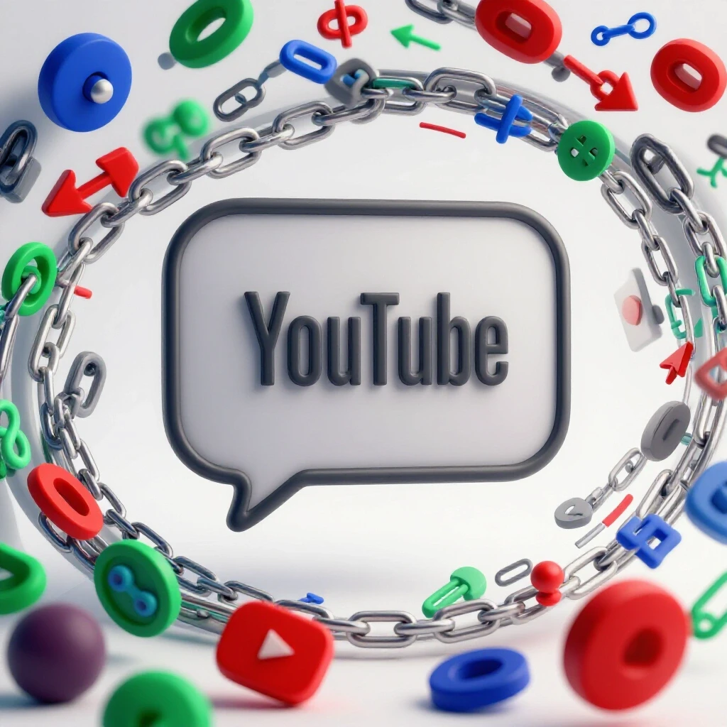 A 3D-rendered YouTube comment bubble surrounded by colorful icons symbolizing links and action in a bright studio setting.