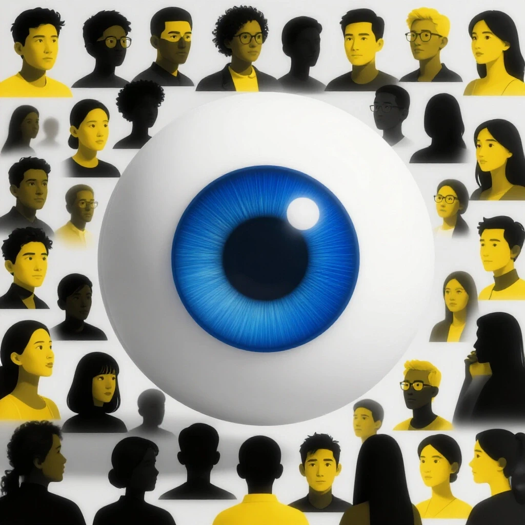 A stylized eye surrounded by silhouetted figures, emphasizing curiosity and observation in a bright studio environment.