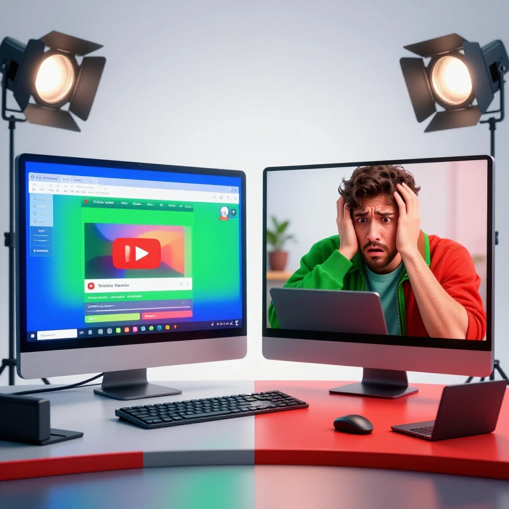Split-screen image showing a vibrant YouTube live streaming setup and a puzzled viewer looking at their device.