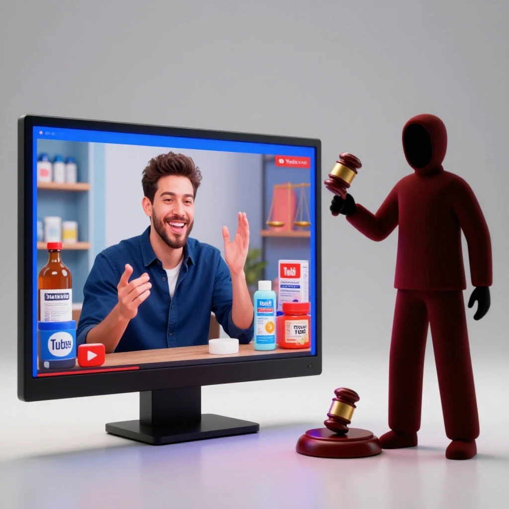 Split-screen image showing a happy content creator with brands on one side and a shadowy legal figure holding a gavel on the other.