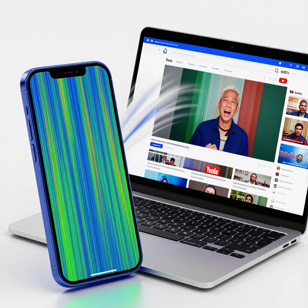 A split-screen image showing a smartphone with a vertical video and a laptop displaying the YouTube interface, highlighting video format contrast.