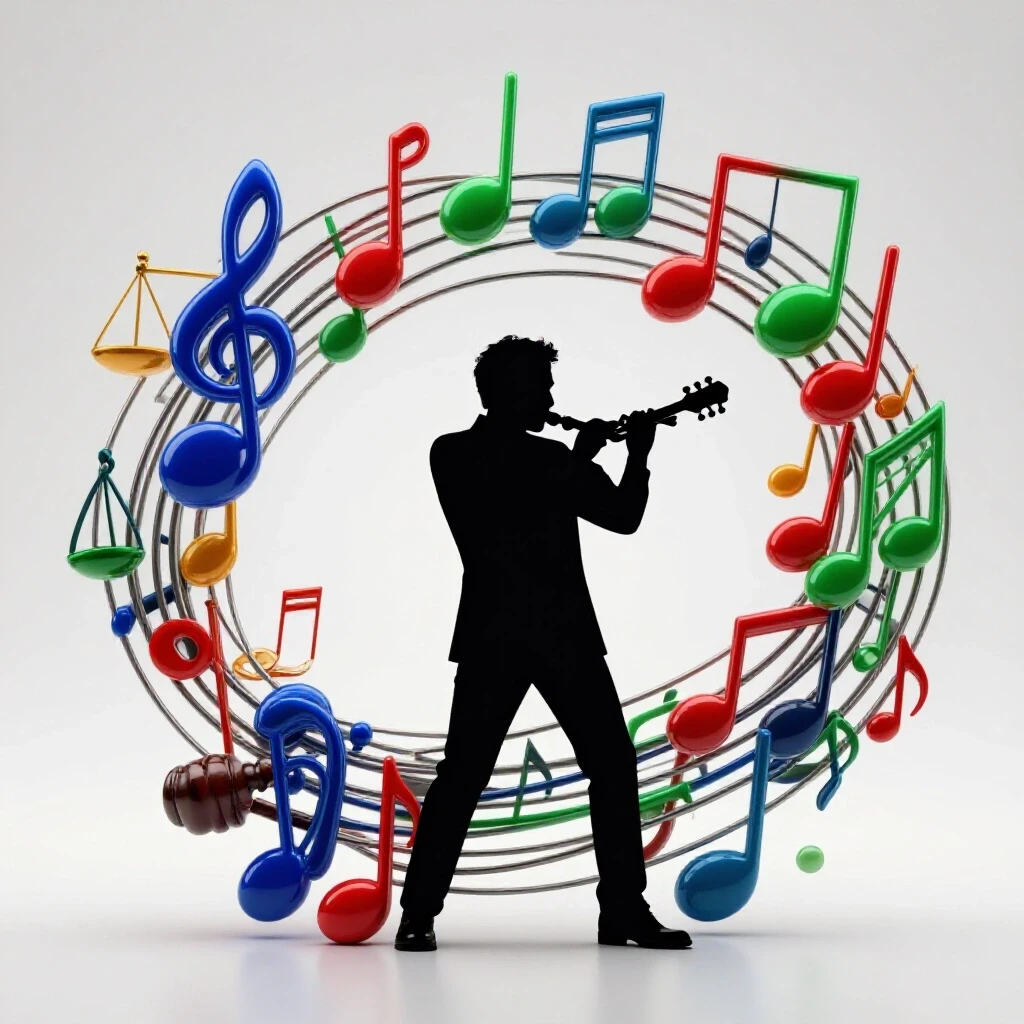 Silhouette of a musician with vibrant musical notes and legal symbols, highlighting the balance between creativity and legality.