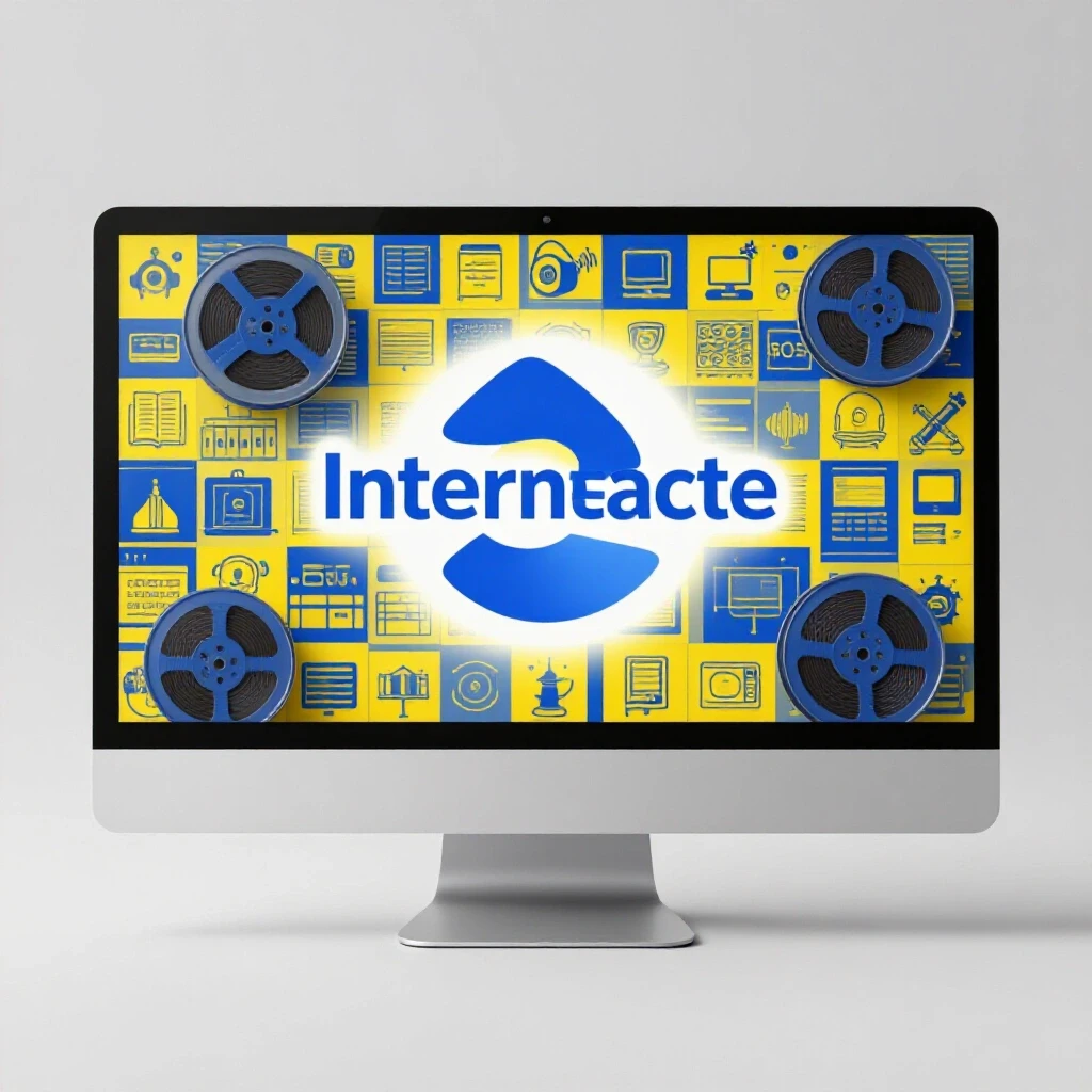 A vibrant 3D composition of a computer screen showing the Internet Archive logo, surrounded by film reels and digital icons against a bright background.
