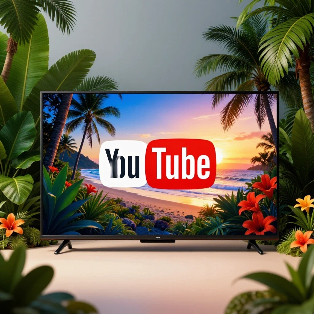 A massive TV displaying the YouTube logo amidst Costa Rican flora and a vibrant beach sunset in the background.