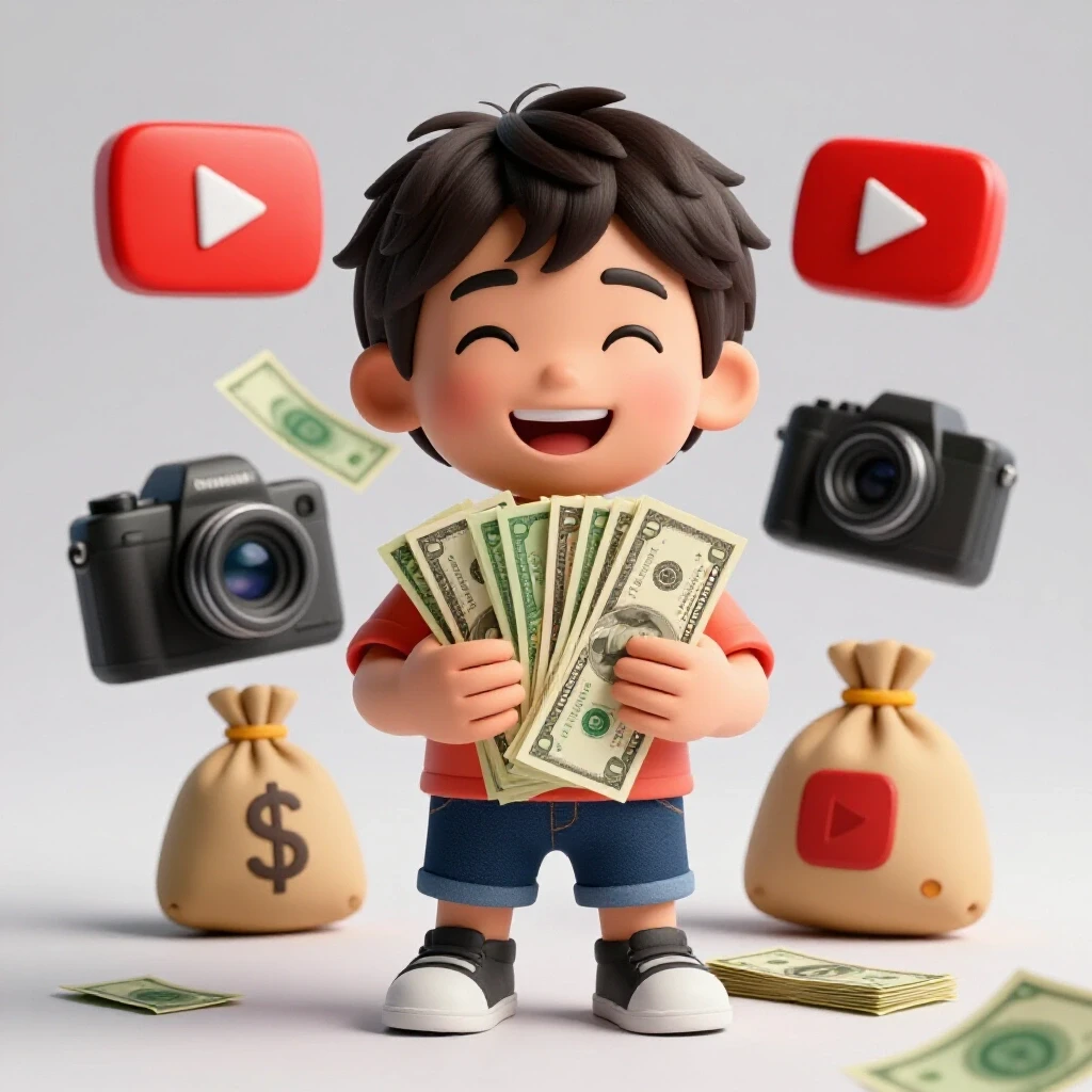 A joyful child holding colorful dollar bills surrounded by oversized YouTube icons against a bright background.