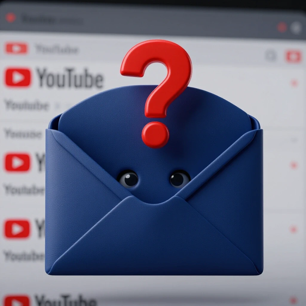 A glossy dark blue envelope with a question mark above, suggesting email privacy concerns on YouTube.