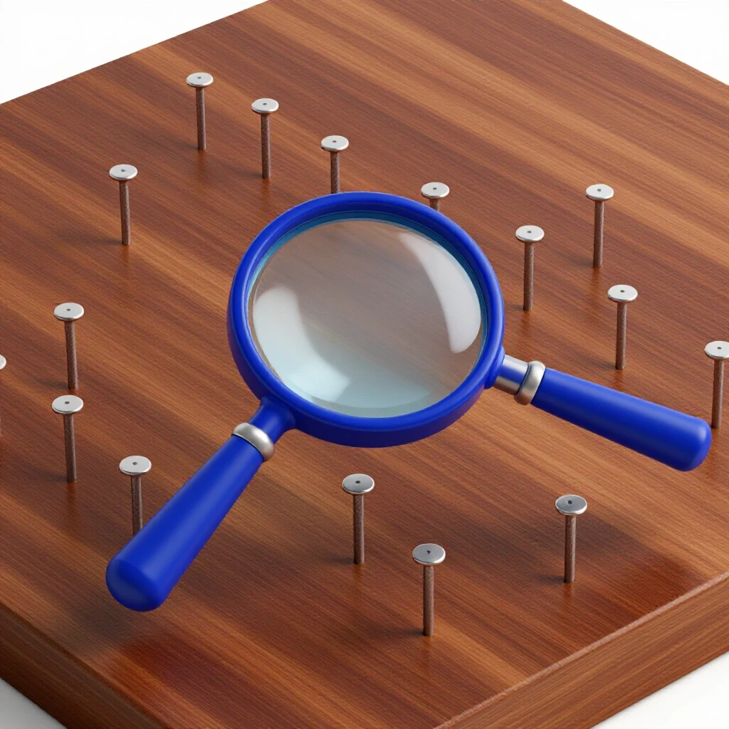 A magnifying glass examining hidden nails in a wooden surface, symbolizing the complexity of YouTube comments.