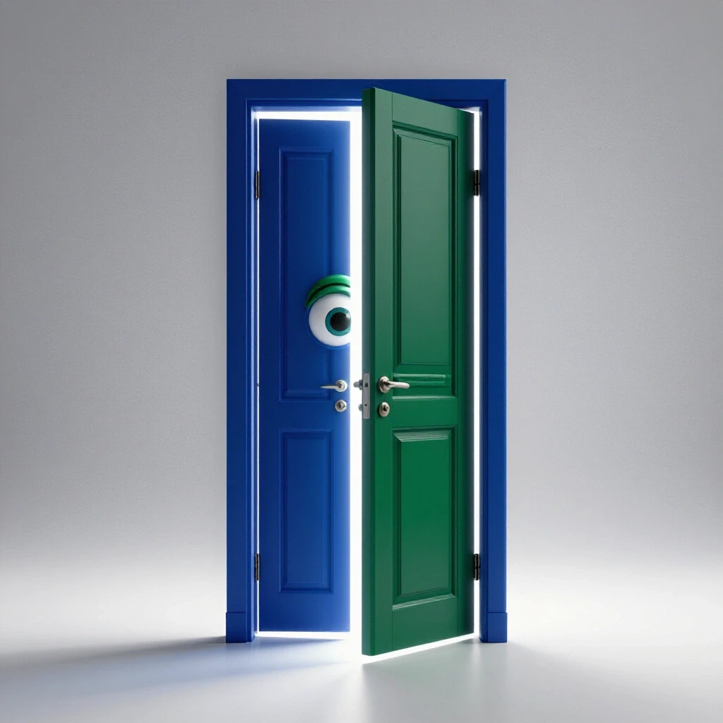 A closed door slightly ajar with bright light spilling out, and curious eyes peeking through the gap, symbolizing hidden unlisted videos.
