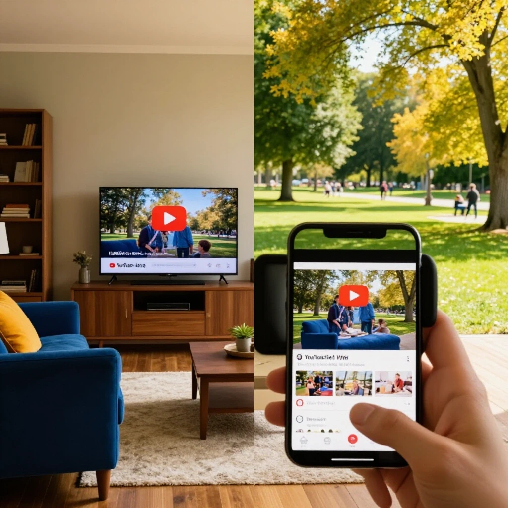 Split-screen image showing a cozy living room with a TV streaming YouTube on one side and a sunny park with a mobile device on the other side.
