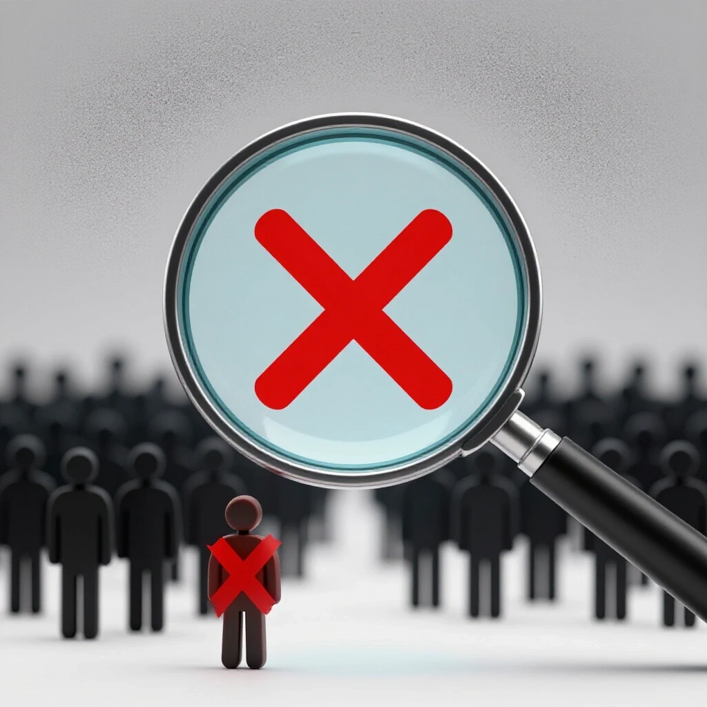 A magnifying glass over blurred silhouettes with a red X marking a figure, illustrating viewer analytics mistakes.