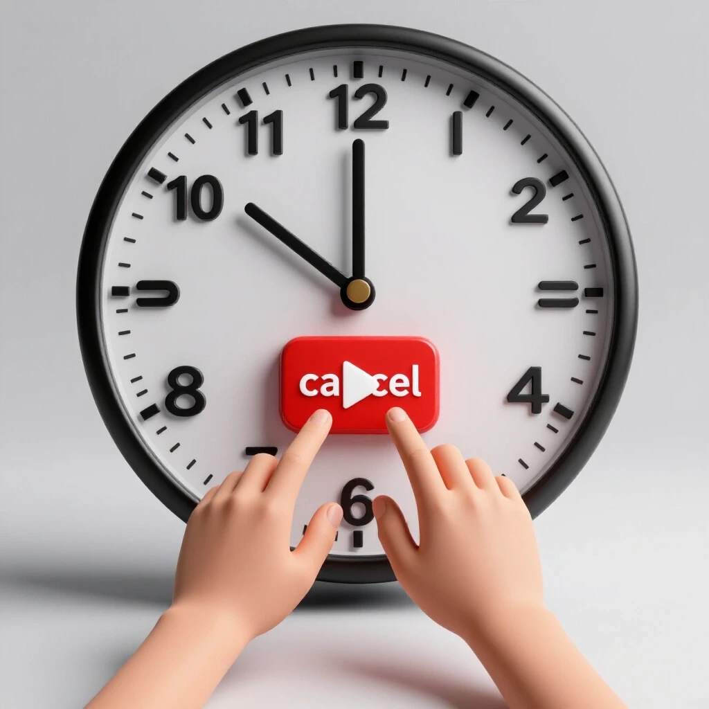 3D image featuring a ticking clock with hands reaching for a red cancel play icon button, symbolizing urgency and decision-making.