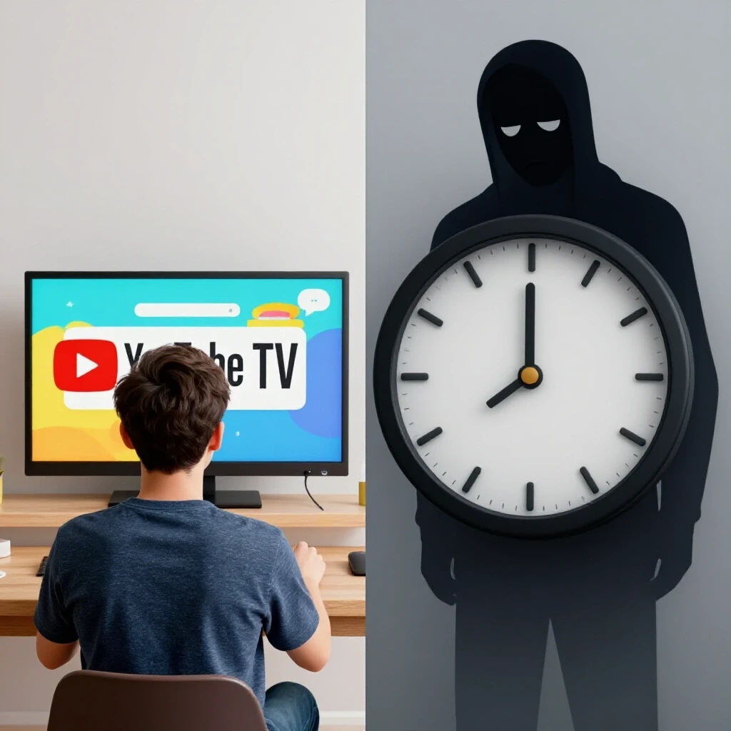 A split-screen image showing a person happily watching YouTube TV and a worried figure next to a ticking clock, highlighting the cancellation dilemma.