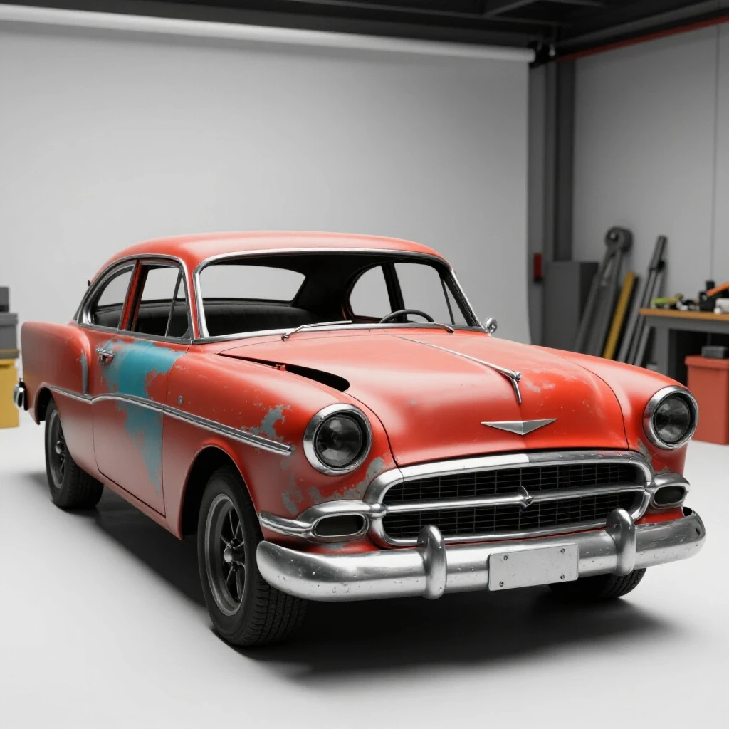 A partially restored classic car in vibrant colors, set in a bright garage environment, evoking transformation and curiosity.