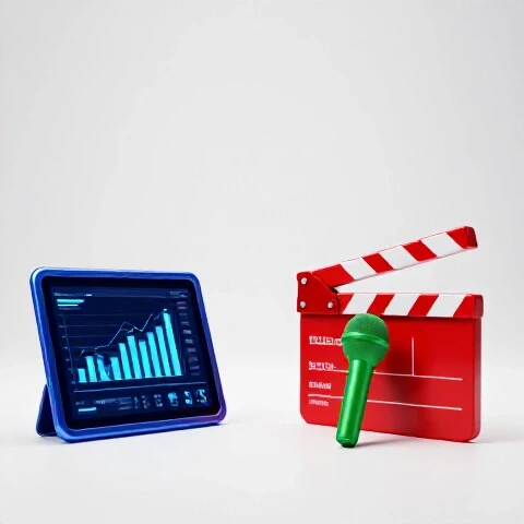 Split-screen 3D scene with data analysis tablet and vibrant video interview tools on a bright studio background.