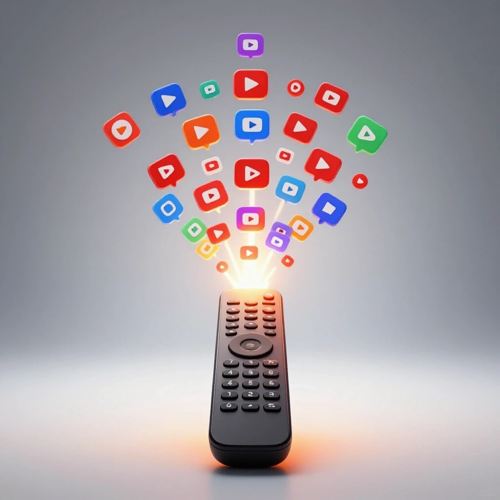 A vibrant Firestick remote with colorful YouTube icons bursting from it, set against a bright background.