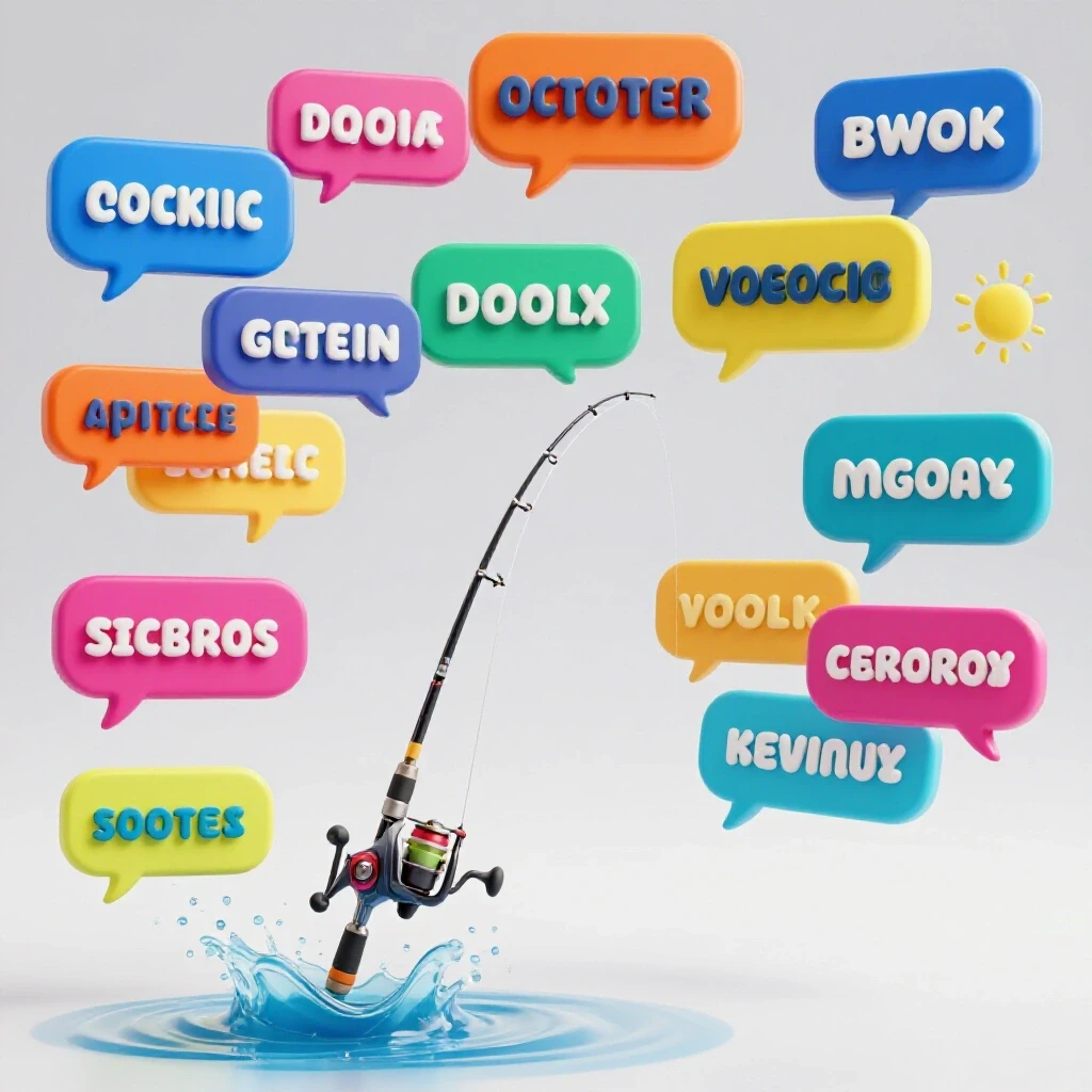 A colorful fishing rod casting into oversized speech bubbles representing catchphrases above a calm water surface, symbolizing conversion.