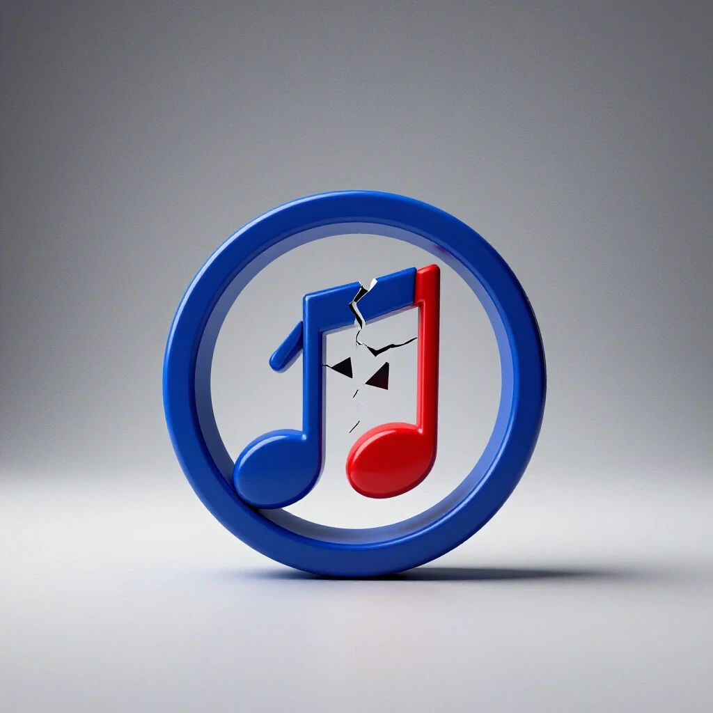 A broken music note trapped in a copyright symbol, illuminated against a light grey background, symbolizing copyright issues on YouTube.