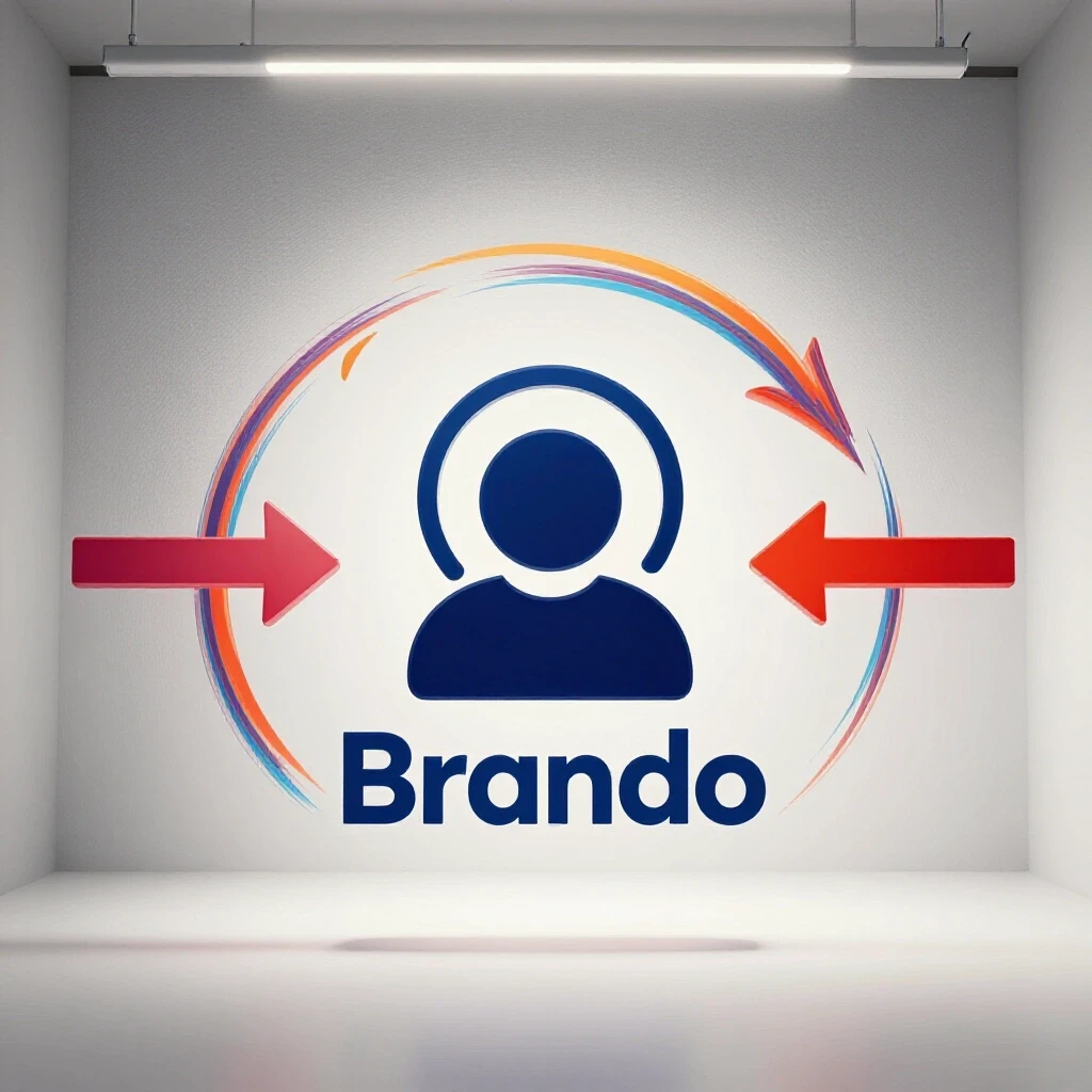 3D rendering of a profile icon transforming into a brand logo with dynamic arrows, set against a bright background.