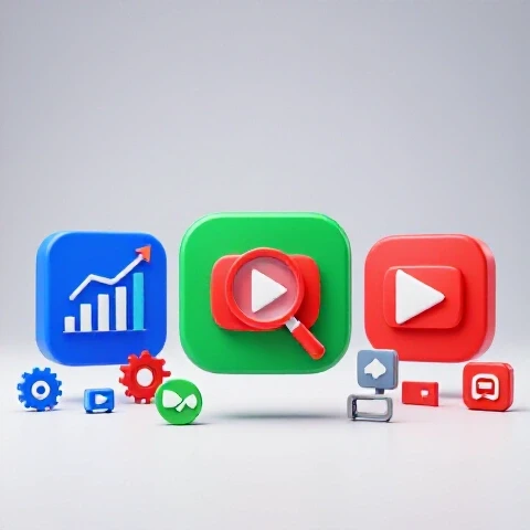 Three evolving YouTube channel icons morph through analytic, algorithm, and SEO surroundings on a bright studio background.