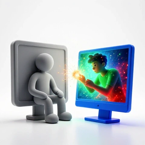 Split-screen showing a dull, grey scene with a bored viewer turning away and a vibrant, colorful monitor captivating an engaged viewer