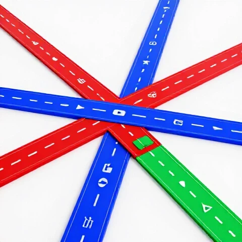 Vibrant crossroads of colored paths with YouTube video icons and abstract symbols on a bright studio background.
