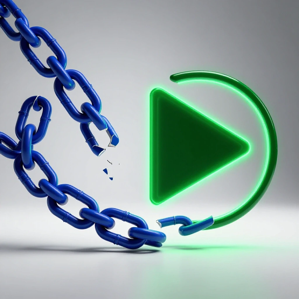 A broken chain link juxtaposed with a glowing video play button, symbolizing a quick fix for YouTube links.