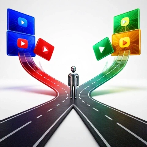 A metallic creator stands at a bright split path, facing vibrant thumbnails and rising growth charts.