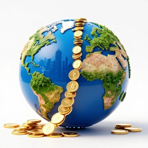 A split globe with city and tropical scenes, bridged by gold coins, on a bright white background.