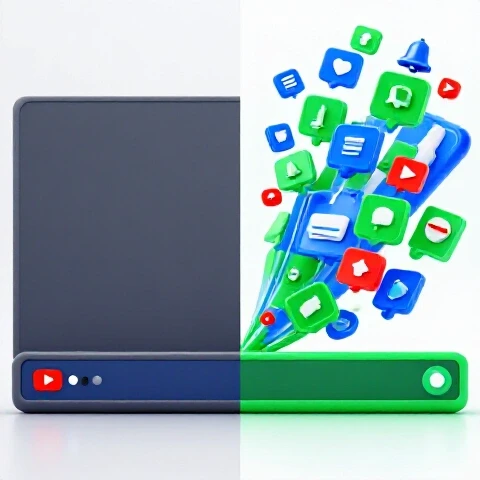 Split-screen image of a dull video player transforming into a vibrant, dynamic video scene with colorful subscriber icons.