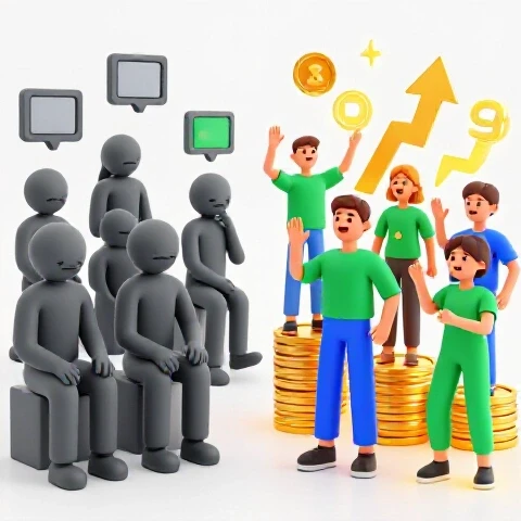 Split-screen of disengaged viewers beside excited audience with symbols of wealth and channel growth