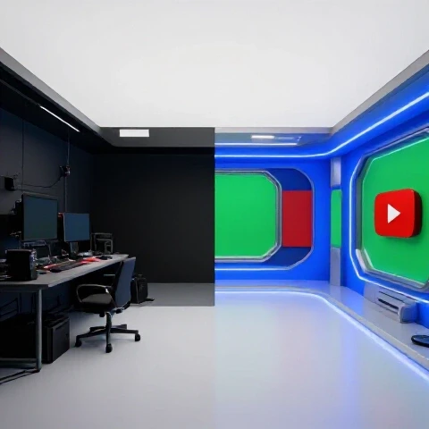 A split-scene 3D image showing a shift from a cluttered, dim workspace to a vibrant, modern YouTube studio.