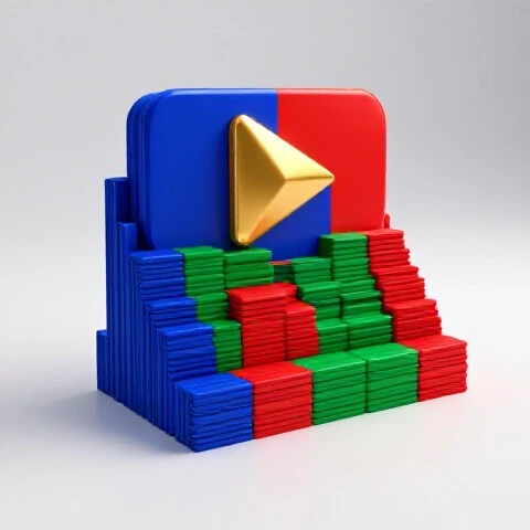 Colorful video thumbnails form an upward staircase towards a golden play button symbolizing YouTube growth.