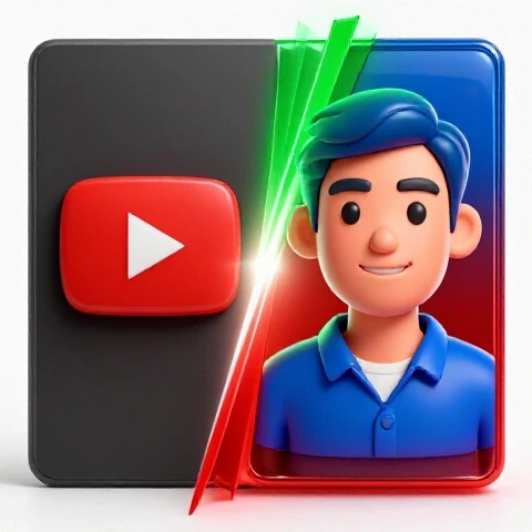 Split-screen showing a dull YouTube avatar and banner transforming into a vibrant, modern design on a bright backdrop.