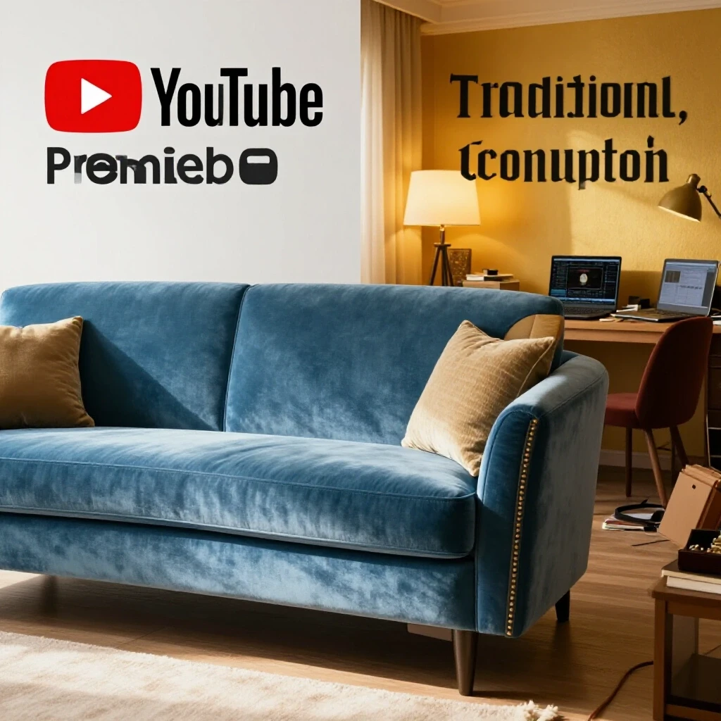 A split-screen image showing a luxurious couch representing YouTube Premium on one side and a cluttered room symbolizing traditional content consumption on the other side.