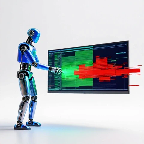 Split scene showing an AI robot sculpting a vibrant video timeline contrasted with glitchy, unfinished edits