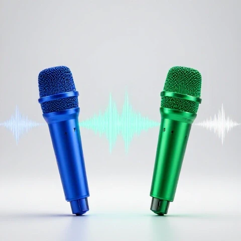Two contrasting microphones, basic and premium, emit different sound waves against a bright studio background.