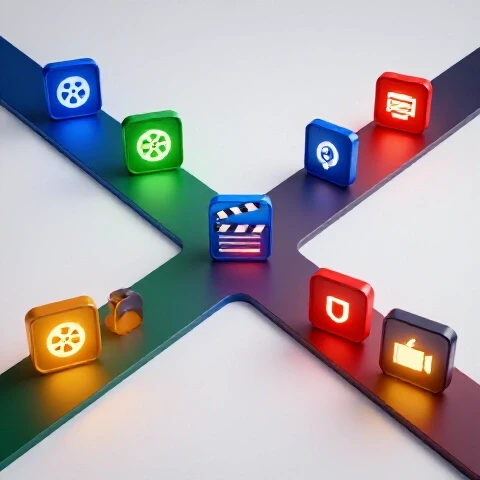 A crossroads with glowing, colorful software icons and a creator's toolkit in the center, bathed in bright studio lighting.