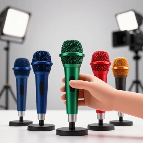 A hand selects one colored microphone from an array of unique microphones with a video setup blurred in the background.