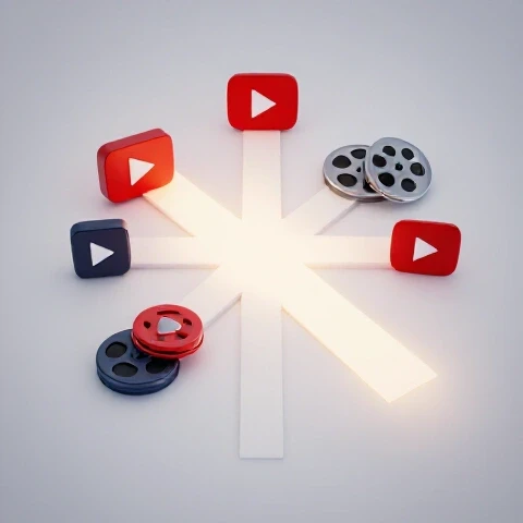 A crossroads with vibrant video symbols branching out, one brightly spotlighted, on a luminous studio background.