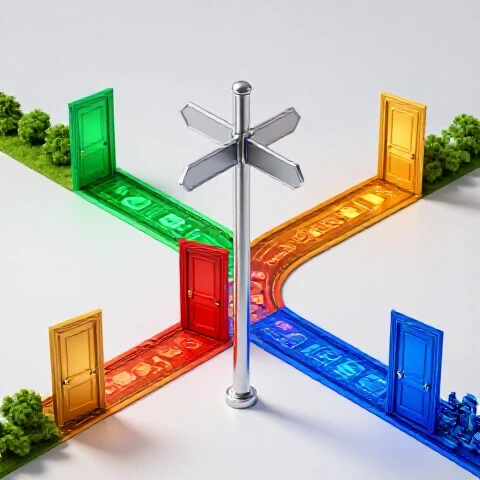 Colorful signpost at a crossroads surrounded by vivid themed doors and pathways on a bright studio background.
