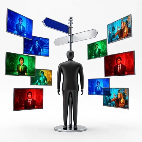 Abstract businessperson at a crossroads surrounded by vibrant video screens showing various content styles.