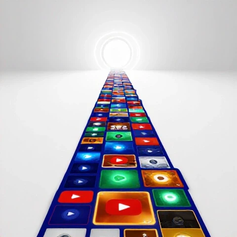 A luminous path of glowing, colorful video thumbnails leads toward a bright target on a white background.