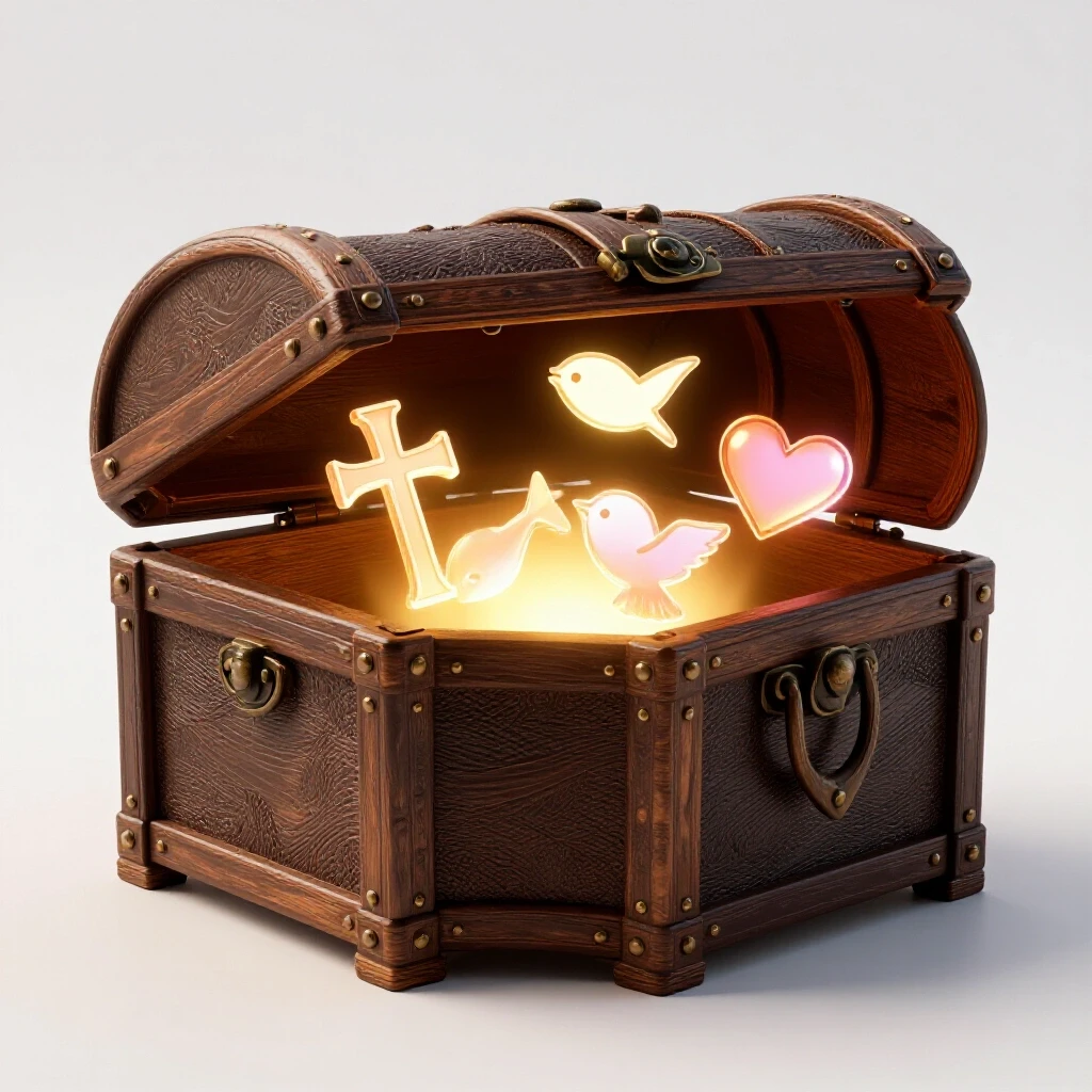 A treasure chest ajar with golden light and Christian symbols emerging, against a bright background.