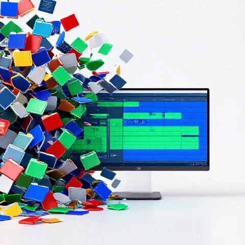 Dramatic transformation from a cluttered digital workspace of messy files to a sleek, organized editing timeline on a bright studio background.