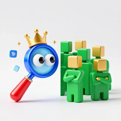Split-screen image of a flashy crowned magnifying glass facing skeptical audience blocks on bright white background.