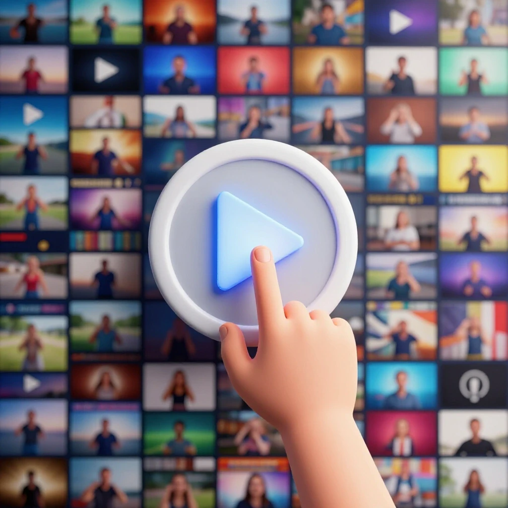 A dynamic image showcasing a play button transitioning to a pause symbol with a finger ready to click, surrounded by blurred video thumbnails.