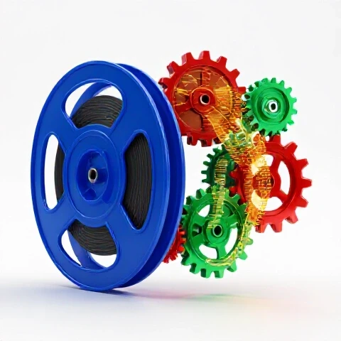 Glossy film reel transforms into vibrant gears and digital timelines on a luminous white background.